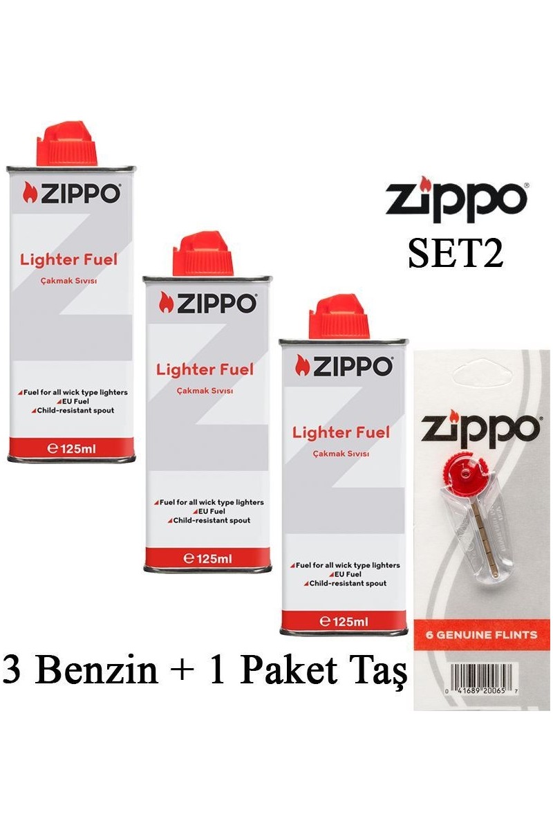 Zippo Çakmak İkmal Seti 3 Adet 125 ml Benzin ve 1 Paket Taş ile Uzun Süreli Kullanım İçin