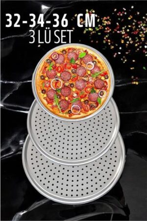 Delikli Pizza Lahmacun Tepsisi Çelik 32-34-36 CM 3 lü SET. Mutfak Ürünleri ve Pizza Pide Tepsileri.