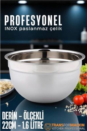 Inox Ölçekli Derin Kase  - 22 Cm 1.6 Litre Karıştırma Kabı Profesyonel 304 Paslanmaz Çelik. Mutfak Ürünleri ve Mutfak Ekipmanları.