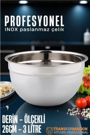 Inox Ölçekli Derin Kase  - 26 Cm 3 Litre Karıştırma Kabı Profesyonel 304 Paslanmaz Çelik. Mutfak Ürünleri ve Mutfak Ekipmanları.