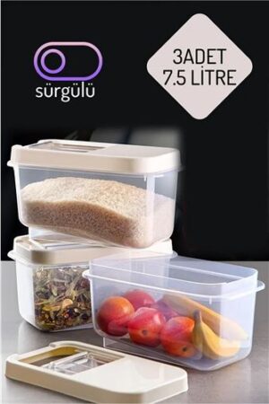 Erzak Bakliyat Saklama Kabı 3 lü Set 7.5 Lt Krem. Mutfak Ürünleri ve Saklama Kapları.