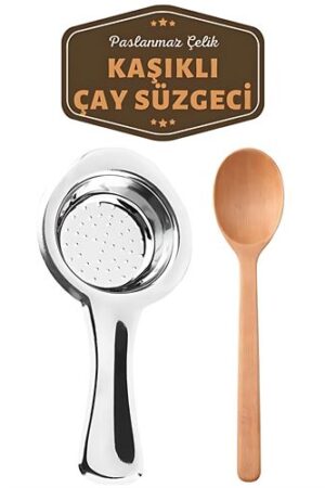 Homecare Paslanmaz Metal Çay Süzgeci Ahşap Kaşık Seti. Mutfak Ürünleri ve Mutfak Ekipmanları.