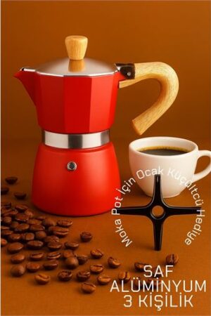 Italyan Moka Pot - 6061 Saf Alüminyum  Ahşap Saplı - 3 kişilik KIRMIZI. Oto-Hırdavat ve Testereler.