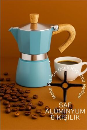 Italyan Moka Pot - 6061 Saf Alüminyum  Ahşap Saplı - 6 kişilik MAVİ. Oto-Hırdavat ve Testereler.
