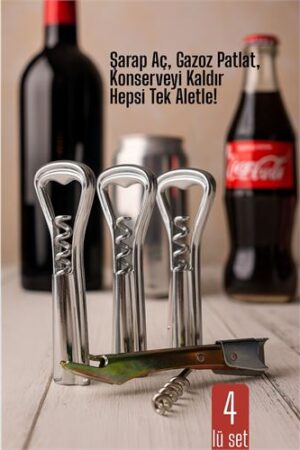 4 lü set Barmen Tipi Şişe Açacağı ve Tirbuşon Konserve Açıcı Dayanıklı ve Pratik. Mutfak Ürünleri ve Açacaklar.