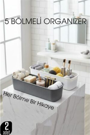 5 Bölmeli Banyo ve Makyaj Organizer Kutusu Gri & Beyaz 2’li Set  Tezgah Üstü Düzenleyici. Ev Ürünleri ve Ev Ürünleri.
