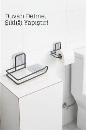 Yapışkanlı Tuvalet Kağıdı Tutucu – Siyah Metal 14 x 7