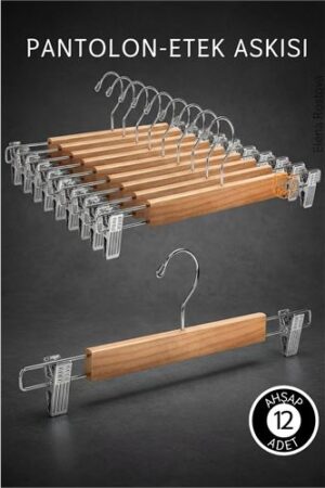 12 Adet Ahşap Pantolon Etek Askısı - Ayarlanabilir Gümüş Mandallı 36cm Organizer Set. Ev Ürünleri ve Ev Ürünleri.