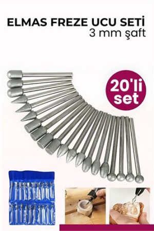 20 Parça Profesyonel Elmas Freze Ucu Seti - 3mm Şaft Gravür