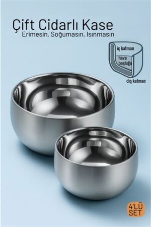 Çift Cidarlı Isı Yalıtımlı 4'lü Lüks Kase Seti (16cm & 18cm) Premium 304 Paslanmaz Çelik . Mutfak Ürünleri ve Mutfak Ekipmanları.