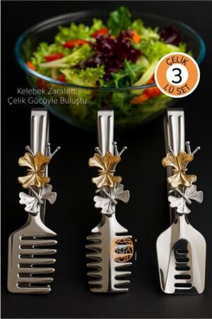 Kelebek Figürlü 3’lü Paslanmaz Çelik Servis Maşası Seti - Salata