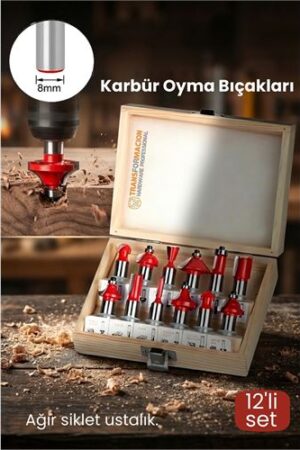 Profesyonel 12'li Ahşap Freze Ucu Seti 8mm Şaft | Rulmanlı Karbür Oyma Bıçakları Ahşap Kutulu. Oto-Hırdavat ve Oto ve Hırdavat Ürünleri.