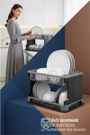 2 Katlı Rattan Dokulu Lüks Bulaşıklık - Kirli Beyaz & Siyah Modern Düzenleyici. Ev Ürünleri ve Ev Ürünleri.