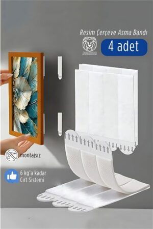 Güçlü Resim Çerçeve Asma Bandı 4'lü Set - 6Kg Taşıma Kapasiteli Duvar Delmeyen Cırt Sistemi. Ev Ürünleri ve Ev Ürünleri.