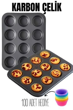 12 li Muffin Kalıbı Teflon Çelik 100 Muffin Kağıtlı . Mutfak Ürünleri ve Mutfak Ekipmanları.