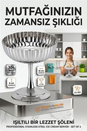 2'li Profesyonel İnox Gümüş Paslanmaz Çelik Ayaklı Dondurma ve Tatlı Sunum Kasesi Seti . Mutfak Ürünleri ve Mutfak Ekipmanları.