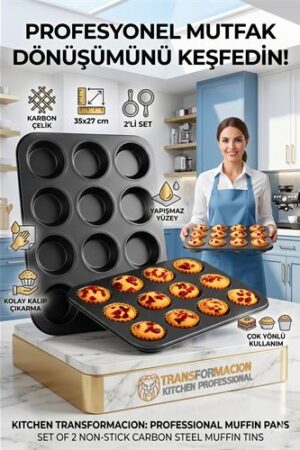 2'li Set 12'li Muffin Kalıbı | Karbon Çelik Yanmaz Yapışmaz Cupcake & Kek Pişirme Tepsisi . Mutfak Ürünleri ve Mutfak Ekipmanları.