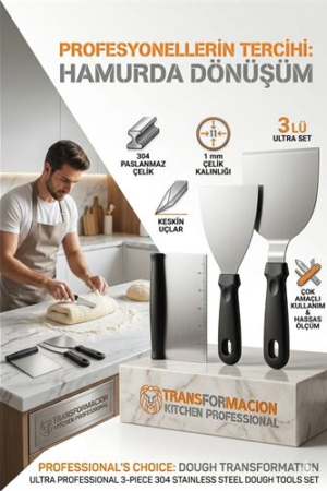 304 Inox Paslanmaz Çelik 3’lü Hamur Kesici ve Spatula Seti - Ultra Profesyonel Seri . Mutfak Ürünleri ve Mutfak Ekipmanları.