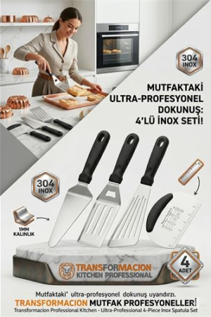304 Inox Paslanmaz Çelik 4’lü Spatula ve Hamur Kesici Seti - Ultra Profesyonel Seri . Mutfak Ürünleri ve Mutfak Ekipmanları.