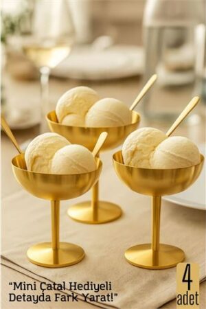 4 lü Gold Inox Çelik Ayaklı Dondurma ve Sunum Kasesi – Tatlı