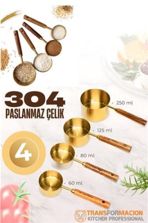 4 lü Ölçü Kabı 304 Paslanmaz Çelik Masif Ahşap Saplı . Mutfak Ürünleri ve Mutfak Ekipmanları.