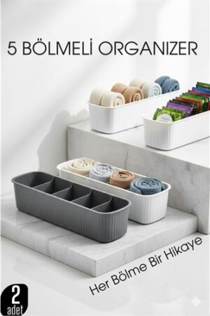 5 Bölmeli Dolap ve Çekmece İçi 2’li Set Organizer Kutusu (Gri & Beyaz) . Ev Ürünleri ve Ev Ürünleri.