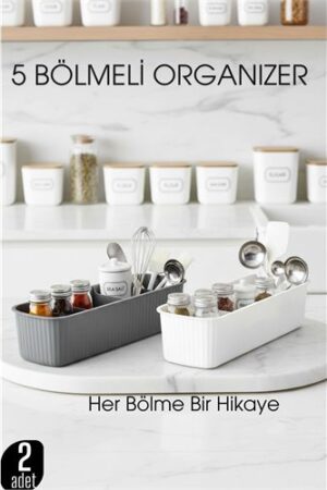 5 Bölmeli Mutfak Organizer Kutusu Gri & Beyaz 2’li Set  Baharat ve Gereç Düzenleyici  . Ev Ürünleri ve Ev Ürünleri.