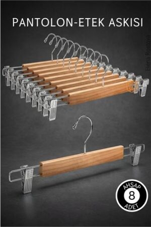 8 Adet Ahşap Pantolon Etek Askısı - Ayarlanabilir Gümüş Mandallı 36cm Organizer Set . Ev Ürünleri ve Ev Ürünleri.