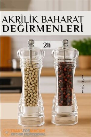 Baharat Öğütücü - Baharat Karabiber Tuz Değirmeni Ahşap Akrilik Kristal 2 li SET . Mutfak Ürünleri ve Mutfak Ekipmanları.