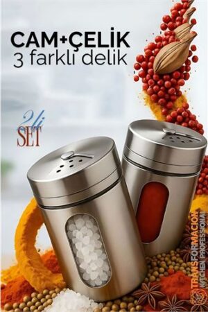 Cam+Çelik Tuzluk Biberlik Karabiberlik 3 Farklı Delikli 2 li SET . Mutfak Ürünleri ve Mutfak Ekipmanları.