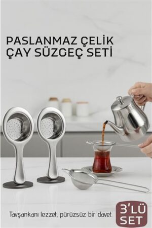 Çay Süzgeci Seti - 3 Parça Profesyonel ve Kulplu Demlik Filtresi Paslanmaz Çelik . Mutfak Ürünleri ve Mutfak Ekipmanları.