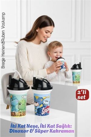 Çocuk Pipetli Bardak Seti 2'li Dinozor & Süper Kahraman İkili Eğlenceli Kapaklı Suluk Matara 300 ml . Kişisel Ürünler ve Kişisel Ürünler.