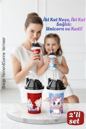 Çocuk Pipetli Bardak Seti 2'li Unicorn & Kedi Figürlü İkili Eğlenceli Kapaklı Suluk Matara 300 ml . Kişisel Ürünler ve Kişisel Ürünler.