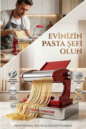 Kırmızı Makarna Makinesi 9 Ayarlı - Profesyonel Çelik Erişte ve Spagetti Açma Makinası . Mutfak Ürünleri ve Mutfak Ekipmanları.