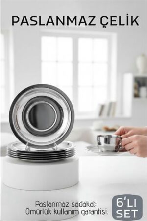 Paslanmaz Çelik Çay Tabağı Seti - Premium 304 Kalite  6 Parça Lüks Aynalı Parlaklık ve Modern Tasarım. Mutfak Ürünleri ve Mutfak Ekipmanları.