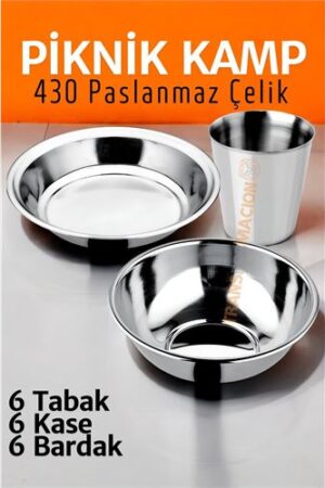 Paslanmaz Çelik Tabak Kase Bardak Seti Kamp Piknik Seti 18 adet . Mutfak Ürünleri ve Mutfak Ekipmanları.
