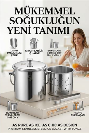 Paslanmaz Inox Parlak Çelik Buz Kovası Seti - Süzgeçli ve Buz Maşası Hediyeli . Mutfak Ürünleri ve Mutfak Ekipmanları.