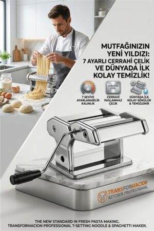 Profesyonel Sökülebilir Kolay Temizlenen Erişte ve Makarna Makinesi - 7 Ayarlı Hamur Açma Spagetti Makinası  . Mutfak Ürünleri ve Mutfak Ekipmanları.