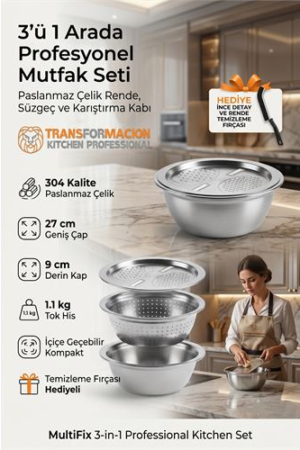 3'ü 1 Arada Profesyonel Mutfak Seti - Paslanmaz Çelik Rende