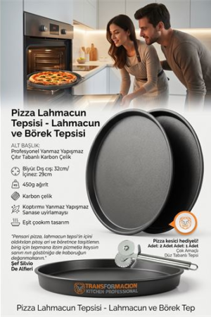 Çok Amaçlı Düz Pizza Tepsisi 32 cm - Yanmaz Yapışmaz Karbon Çelik Kek